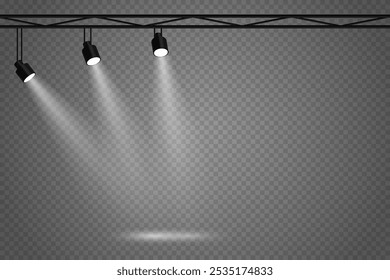 White light spotlights for light and stage, beautiful light lamps. On a transparent background.
