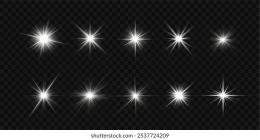 Estrela de luz branca, raios de sol, faíscas brancas cintilantes