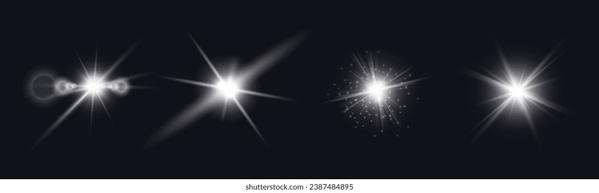 White light stars. Flash light on black background. Vector glow sparkle effect