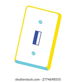 A white light switch plate with a blue toggle on a yellow and blue border on white background