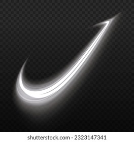 White light trails with motion blur effect, long exposure time vector. Linear magic glowing spark swirl trail. Abstract light speed motion effect. Bokeh glitter wave line with flying sparkling flares.