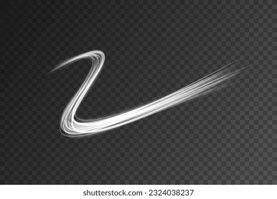 White light trails with motion blur effect, long exposure time vector. Linear magic glowing spark swirl trail. Abstract light speed motion effect. Bokeh glitter wave line with flying sparkling flares.