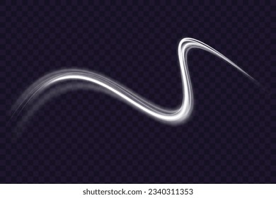White light trails with motion blur effect, long exposure time vector. Linear magic glowing spark swirl trail. Abstract light speed motion effect. Bokeh glitter wave line with flying sparkling flares.