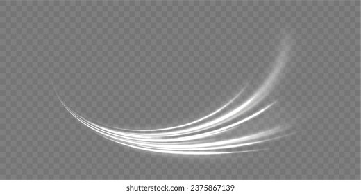 White light trails with motion blur effect, long exposure time vector. Glowing neon lines png of speed. Set of light effect twirl, trail wavy. Luminous glitter circle. Abstract sparkling swirl, wave