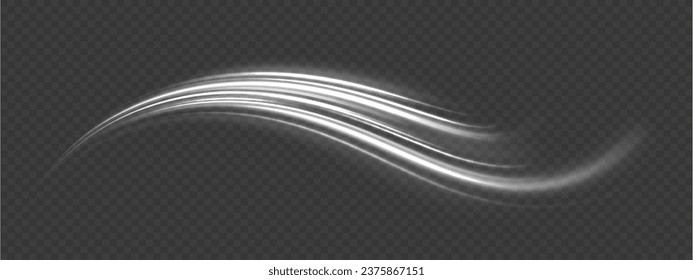 White light trails with motion blur effect, long exposure time vector. Glowing neon lines png of speed. Set of light effect twirl, trail wavy. Luminous glitter circle. Abstract sparkling swirl, wave