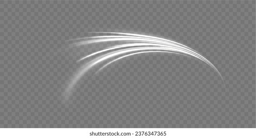 White light trails with motion blur effect, long exposure time vector. Glowing neon lines png of speed. Set of light effect twirl, trail wavy. Luminous glitter circle. Abstract sparkling swirl, wave