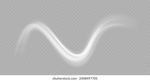 White light trails with motion blur effect, long exposure time vector. Linear magic glowing spark swirl trail. Abstract light speed motion effect. Bokeh glitter wave line with flying sparkling flares.