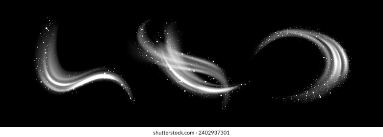 White light waved and circular neon elements with swoosh effect and round snowflakes or sparkles. Realistic vector illustration set of magic glowing swirl circle lines with flying particles.