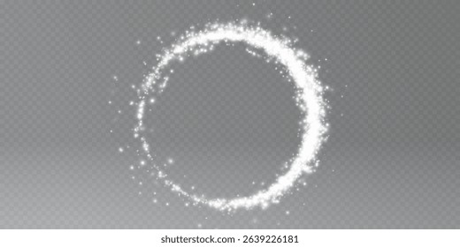 White light waved and circular neon elements with magic effect sparkles. Realistic vector illustration set of magic glowing swirl lines with flying particles.