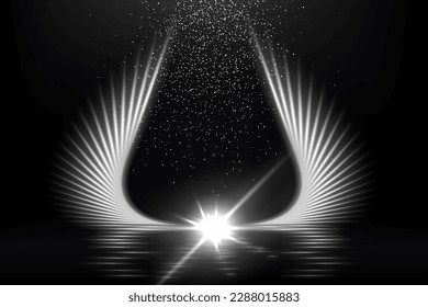 Alas blancas de luz con una estrella brillando sobre fondo negro. Líneas luminosas plateadas brillantes ilustraciones vectoriales. Luminosidad con vigas de rayos y sombra. Efectos de flujo de movimiento con desenfoque.