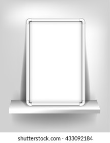 White lightbox on a shelf installation. Vector blank frame design