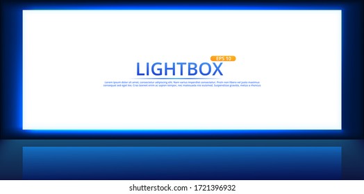 White lightbox screen with neon light on wall. Modern night backgtound with cinema display template design. Vector realisitc mockup