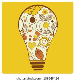 a white lightbulb with a lot of elements inside it like flowers, drops, hearts in a yellow background