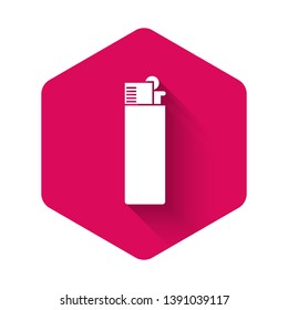 White Lighter icon isolated with long shadow. Pink hexagon button. Vector Illustration