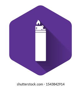 White Lighter icon isolated with long shadow. Purple hexagon button. Vector Illustration
