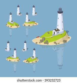 White lighthouse. 3D lowpoly isometric vector illustration. The set of objects isolated against the blue background and shown from different sides