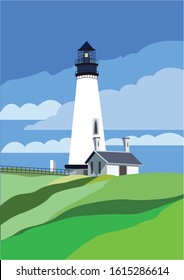 White lighthouse, blue clouds, sky and green hills. Simple flat illustation. Cartoon style. Summer landscape. Sea navigation architecture. For post card, poster, books and interface design.
