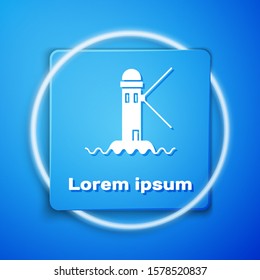 White Lighthouse icon isolated on blue background. Blue square button. Vector Illustration