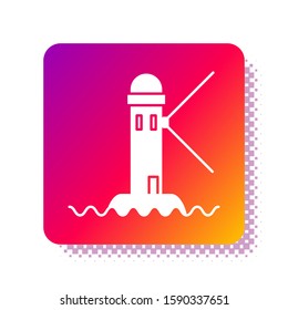 White Lighthouse icon isolated on white background. Square color button. Vector Illustration