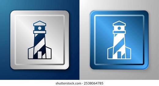 Ícone de Farol Branco isolado no plano de fundo azul e cinza. Botão quadrado prata e azul. Vetor
