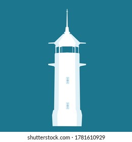 White lighthouse icon silhouette isolated on blue background. Drawn Light house tower symbol in seaport, retro style. Old poster with tall coastal beacon logo, vector flat design eps 10