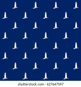 White Lighthouse on Blue Background, Seamless Marine Pattern ,Travel and Tourism Concept , Vector Illustration 