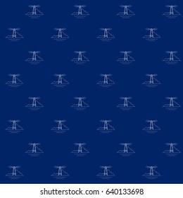 White Lighthouse on Blue Background, Seamless Sea Travel Pattern, Line Style Design, Vector Illustration