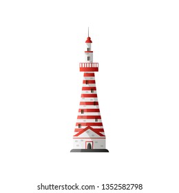 White lighthouse in red stripes in flat design isolated on white background