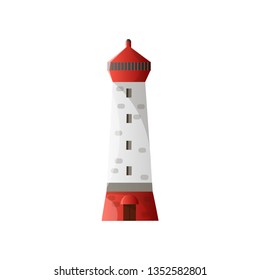 White lighthouse with shadow, red roof and foundation in flat design isolated on white background