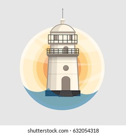  White lighthouse with waves and sun. Lighthouse design element for logo, labels or badge. Vector illustration in flat style