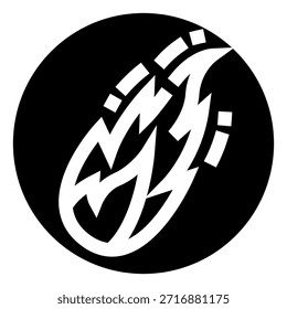 Icono blanco del fuego del relámpago que simboliza la velocidad, el poder, la energía y el movimiento dinámico fijados contra un fondo circular negro sólido, logotipo mínimo moderno para las marcas de la tecnología o del deporte