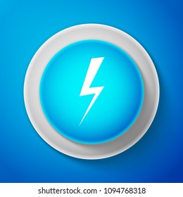 White Lightning bolt icon isolated on blue background. Flash icon. Charge flash icon. Thunder bolt. Lighting strike. Circle blue button with white line. Vector Illustration