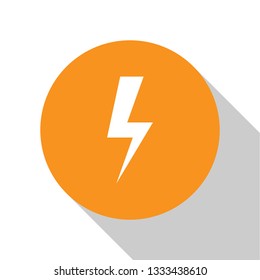 White Lightning bolt icon isolated on white background. Flash icon. Charge flash icon. Thunder bolt. Lighting strike. Orange circle button. Flat design. Vector Illustration