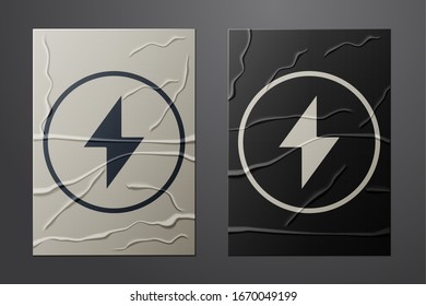 White Lightning bolt icon isolated on crumpled paper background. Flash sign. Charge flash icon. Thunder bolt. Lighting strike. Paper art style. Vector Illustration