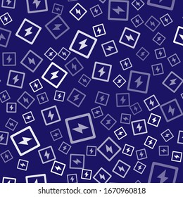 White Lightning bolt icon isolated seamless pattern on blue background. Flash sign. Charge flash icon. Thunder bolt. Lighting strike.  Vector Illustration
