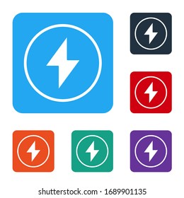 White Lightning bolt icon isolated on white background. Flash sign. Charge flash icon. Thunder bolt. Lighting strike. Set icons in color square buttons. Vector Illustration