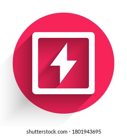 White Lightning bolt icon isolated with long shadow. Flash sign. Charge flash icon. Thunder bolt. Lighting strike. Red circle button. Vector Illustration