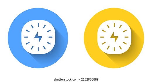 White Lightning bolt icon isolated with long shadow background. Flash sign. Charge flash icon. Thunder bolt. Lighting strike. Circle button. Vector