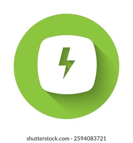 White Lightning bolt icon isolated with long shadow background. Flash sign. Charge flash icon. Thunder bolt. Lighting strike. Green circle button. Vector