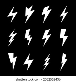 White Lightning Bolt Icons Isolated on Black Backdrop. Simple Icon Storm or Thunder and Lightning Strike. Simple Cartoon Lightning Strike Sign