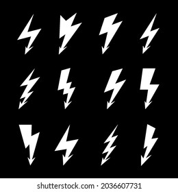White Lightning Bolt Icons Isolated on Black. Simple Icon Storm or Thunder and Lightning Strike. Simple Cartoon Lightning Strike Sign