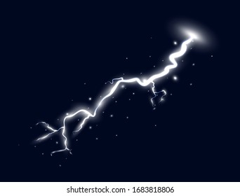 White lightning isolated on dark background. Thunder storm design element. Magic shining light effect. Electric explosion. Vector illustration