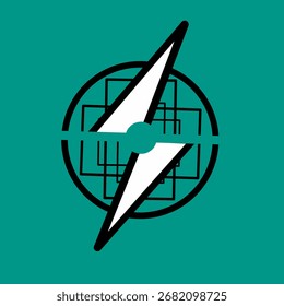 Diseño de logotipo de relámpago blanco con una combinación de círculos y cuadrados sobre un fondo azul turquesa