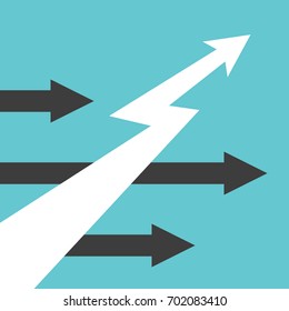 White lightning shaped unique arrow moving upwards and black horizontal ones. Development, growth and competition concept. Flat design. EPS 8 vector illustration, no transparency, no gradients