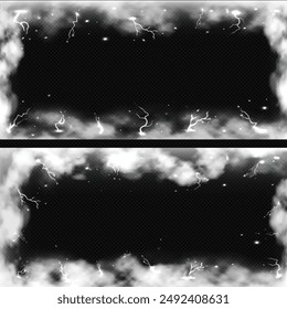 White lightning strikes with smoke effect vector frame set. Realistic storm clouds with magical energy flashes. Glowing thunderbolt with fog border design on transparent. Steam, vapor with blast storm