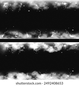 White lightning strikes with smoke effect vector border design set. Realistic storm clouds with magical energy flashes. Glowing thunderbolt with fog on transparent. Steam, vapor with blast storm