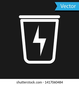 White Lightning with trash can icon isolated on black background. Waste to energy. Garbage bin sign. Recycle basket sign. Vector Illustration