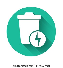 White Lightning with trash can icon isolated with long shadow. Waste to energy. Garbage bin sign. Recycle basket sign. Green circle button. Vector Illustration