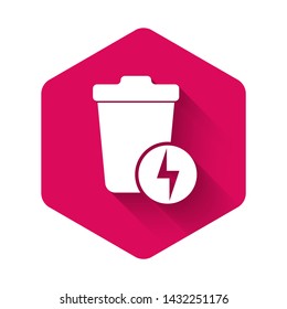 White Lightning with trash can icon isolated with long shadow. Waste to energy. Garbage bin sign. Recycle basket sign. Pink hexagon button. Vector Illustration