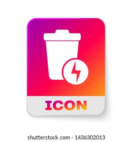 White Lightning with trash can icon isolated on white background. Waste to energy. Garbage bin sign. Recycle basket sign. Rectangle color button. Vector Illustration
